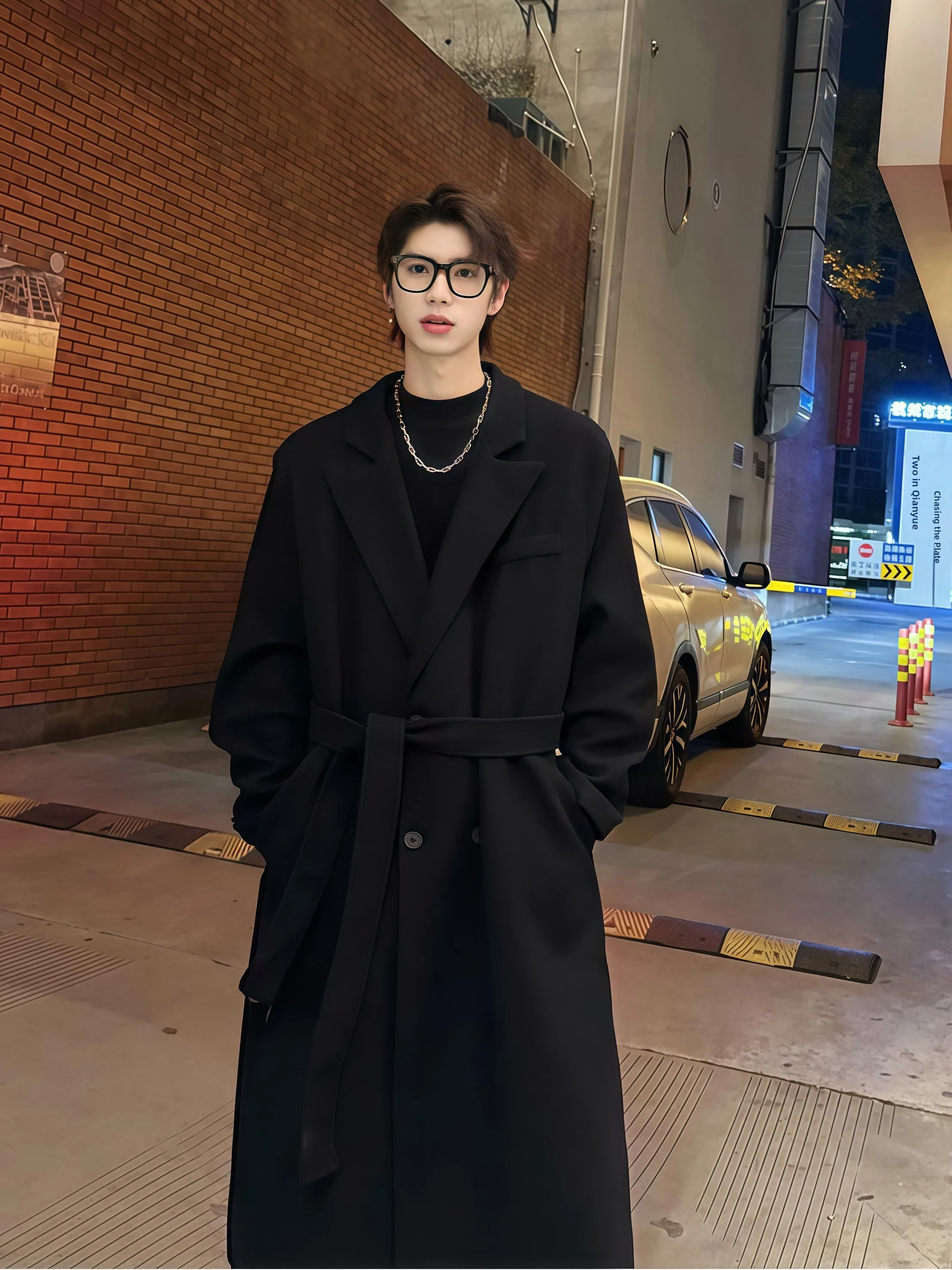 

Briti Sle oulder Pad Thiened Bla Woolen Coat Men's Autumn Winter Long Sle Faionable Casual Outerwear Jaet