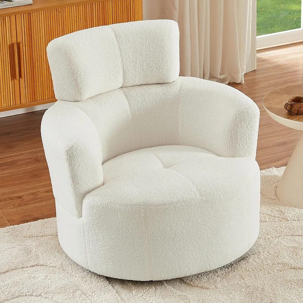 Silla de barril giratoria tapizada con reposacabezas ajustable para salón y dormitorio