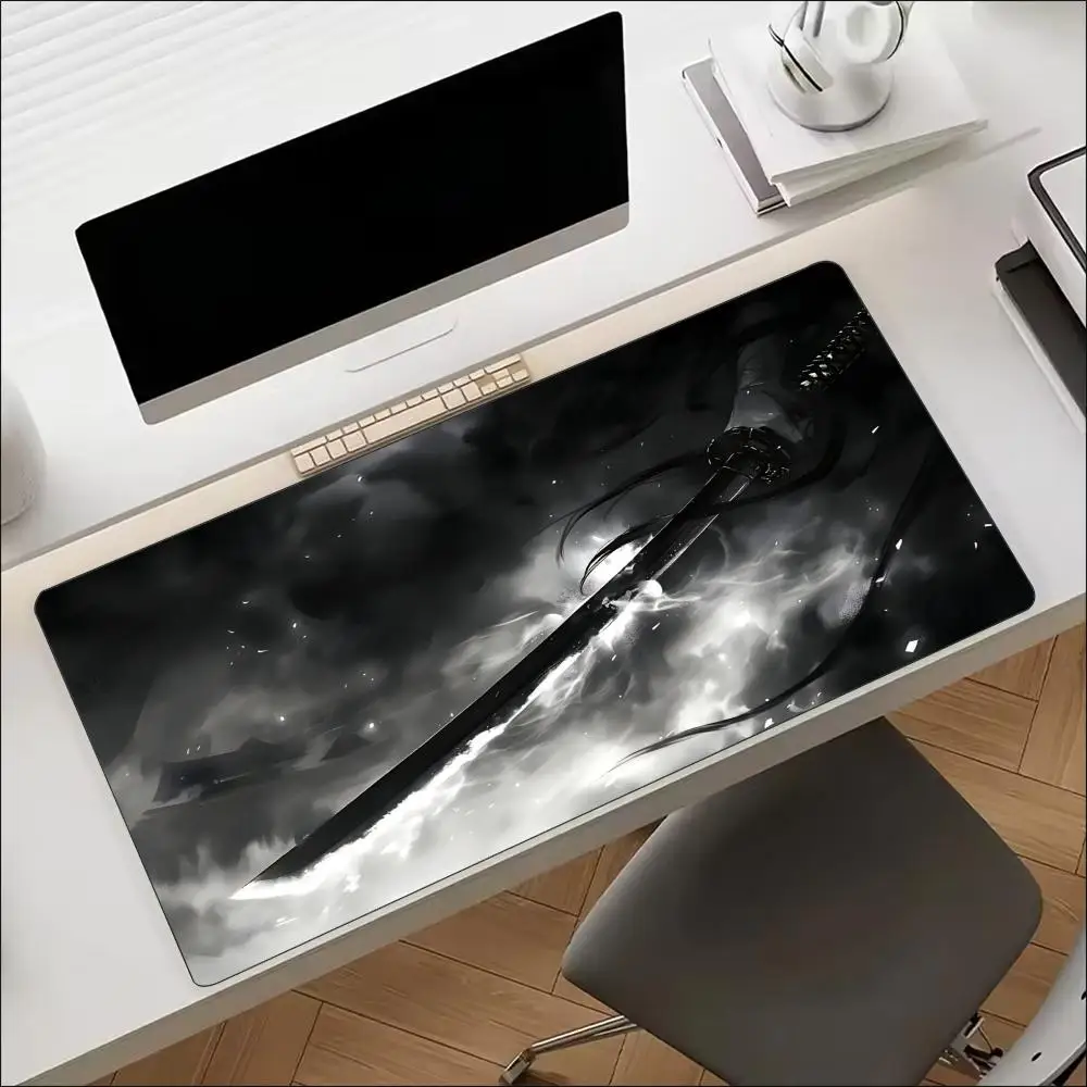 Desk Mat Japanese Samurai Katana Sword Print Stitched Edge Anti‑Slip Rubber Mouse Pad for Gaming Working Home Laptop Desk Setup