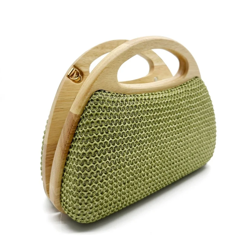 2025 New Fashion Designer Wooden Clip Dinner Bag Lady Party Show Temperament Straw Woven Purse Bag Summer Beach Bag Shoulder Bag
