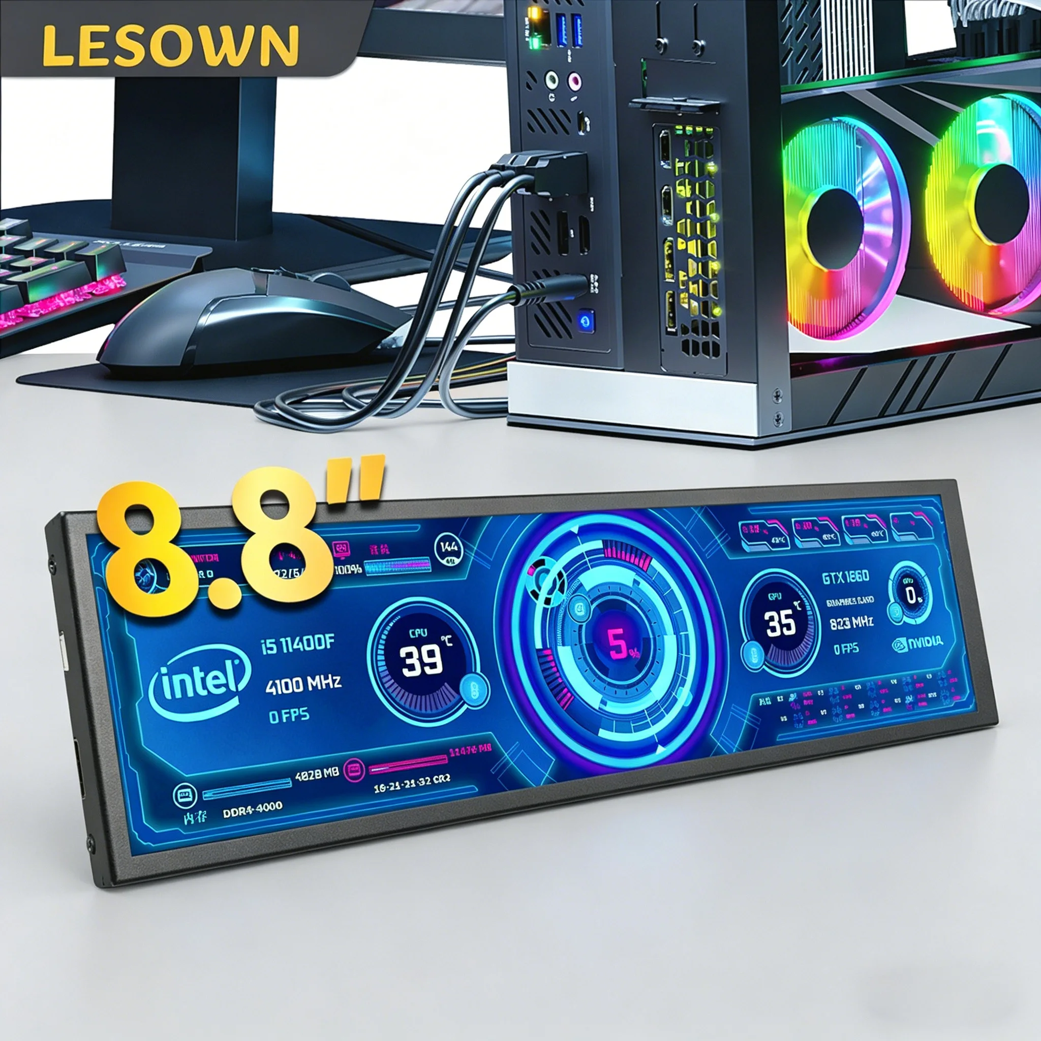 

LESOWN 8.8 Inch Vertical Stretch Display Portable Bar Monitor Compact External Screen for Laptop PC Case temperature monitoring