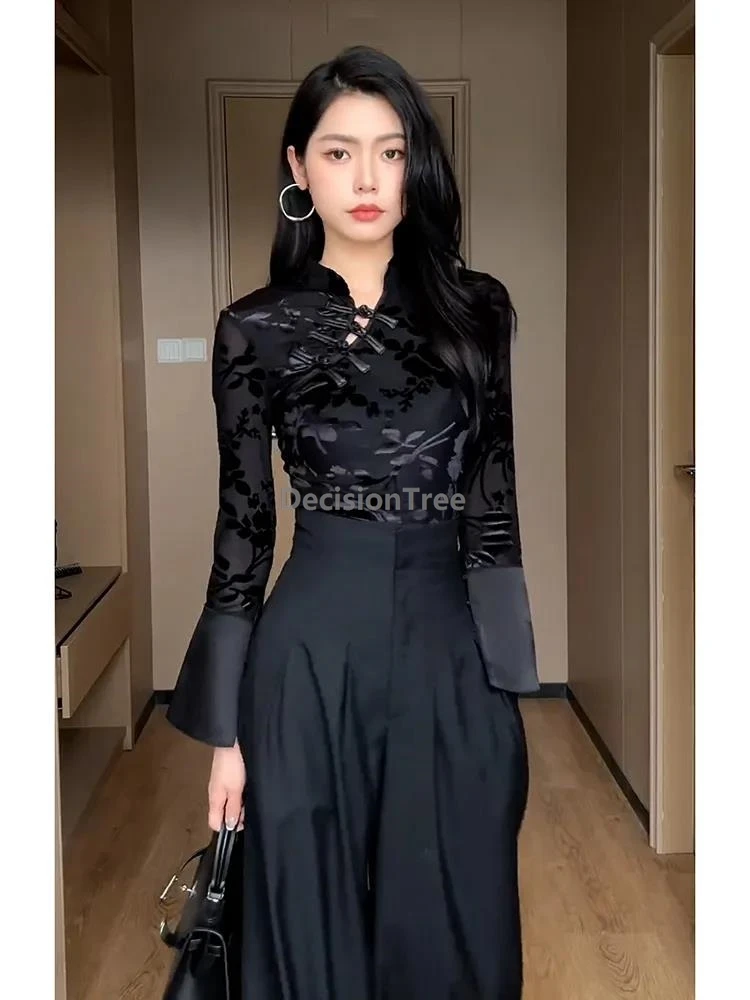 

Осень 2021, новый женский облегающий топ Ципао в китайском стиле, улучшенная модная сексуальная кружевная блузка с длинными рукавами, универсальная рубашка в стиле ретро