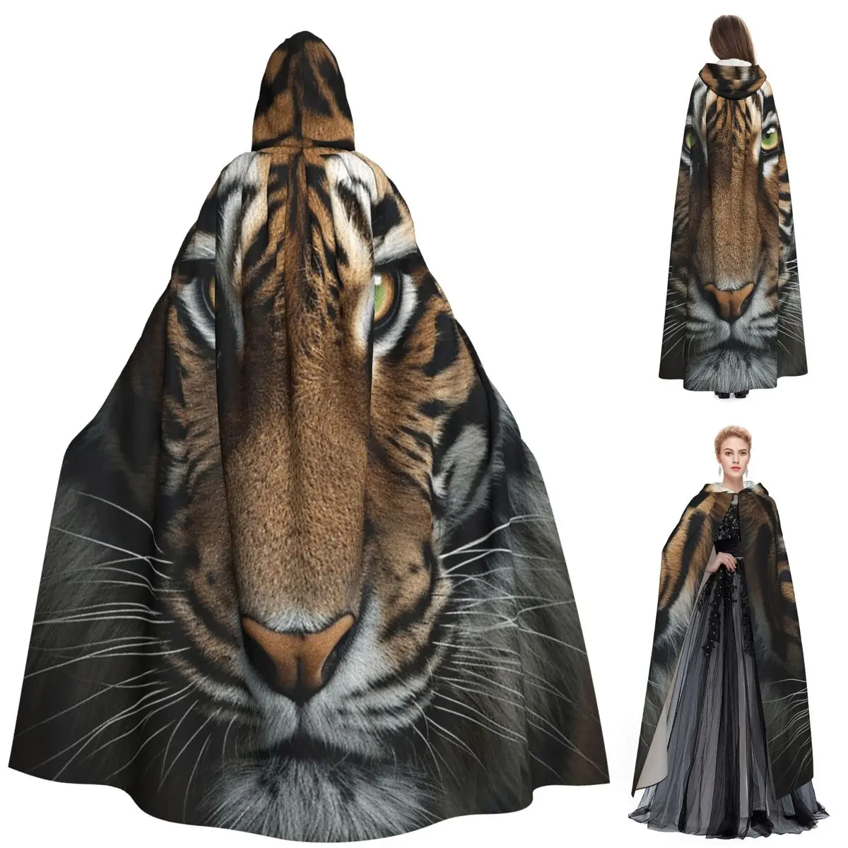 

Tiger Fur Sketch Color Picture Long Hooded Cloak Witch Medieval Costume Cosplay Cape HalloweenCoat Adult Unisex
