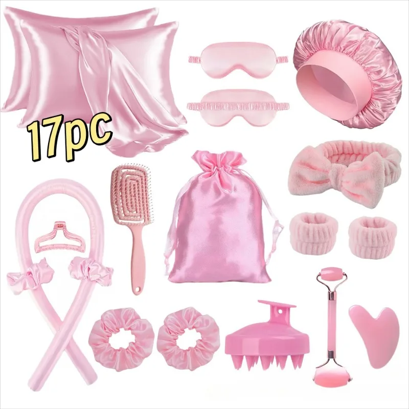 17-teiliges Styling-Set - Hitzfreier Seiden-Lockenwickler mit Schlafmaske und Duschhaube für Frauen und Mädchen, Beauty-Kit für Reisen und Zuhause