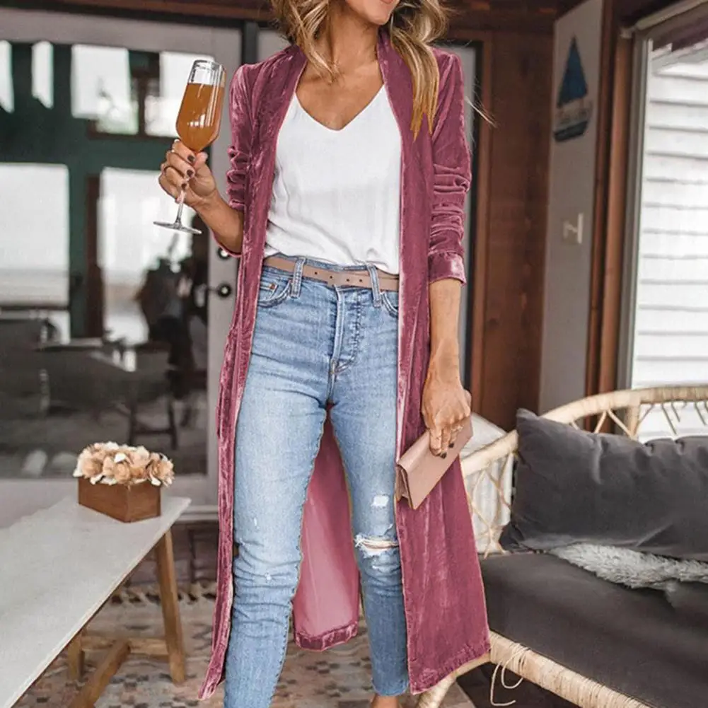 

Stretch Suede Long Windbreaker Jacket Flannel Open Stitch Warm Maxi Coat OL Style Elegant Pure Color Spring Autumn Jacket