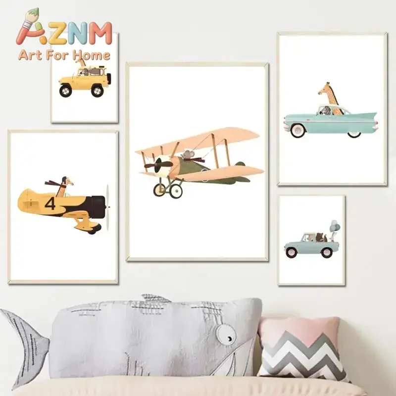 AZNM Cartoon Animal Transport Canvas Wall Art Giraffe Mouse Driving Vintage Car Biplane Art Print Unframed Canvas Poster for Boy