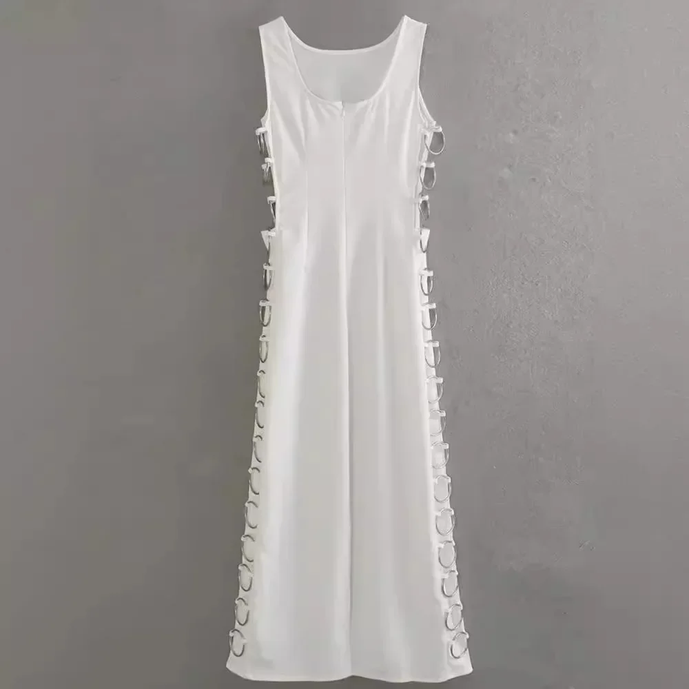 Sexy Aushöhlen Eisen Ring Verbunden Kleid Frauen Elegante O Hals Ärmellose Maxi Kleider Frühling Chic Weibliche Party Streetwear
