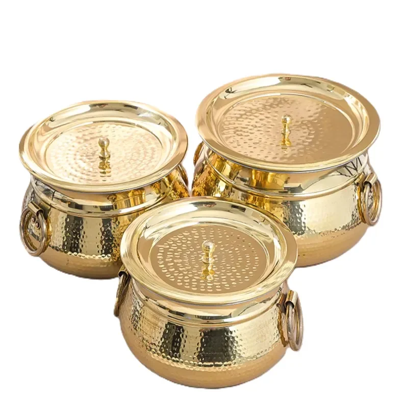 Exquisite three-piece hammered brass handset with stylish ring handle and matching lid. Sold at wholesale price.