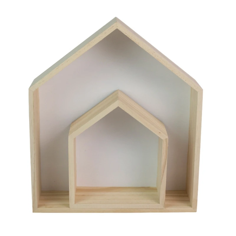 

2x Cartoon Childrens Room Wooden House-Shaped Storage Rack for Decorations