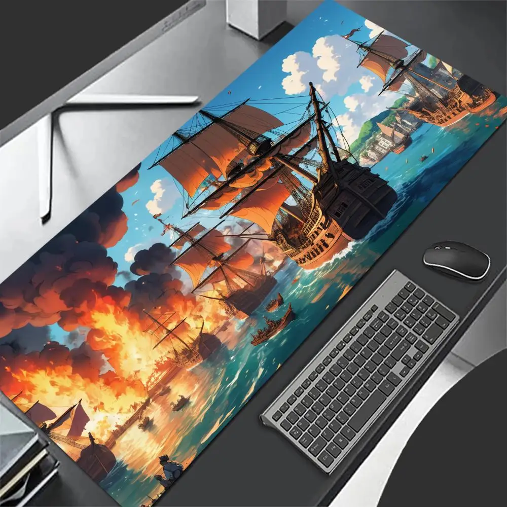Tappetino per mouse Burning Ships Tappetino per tavolo da gioco per ufficio di grandi dimensioni Tappetini per tastiera con bordo cucito antiscivolo in gomma XXL Accessorio da scrivania lungo