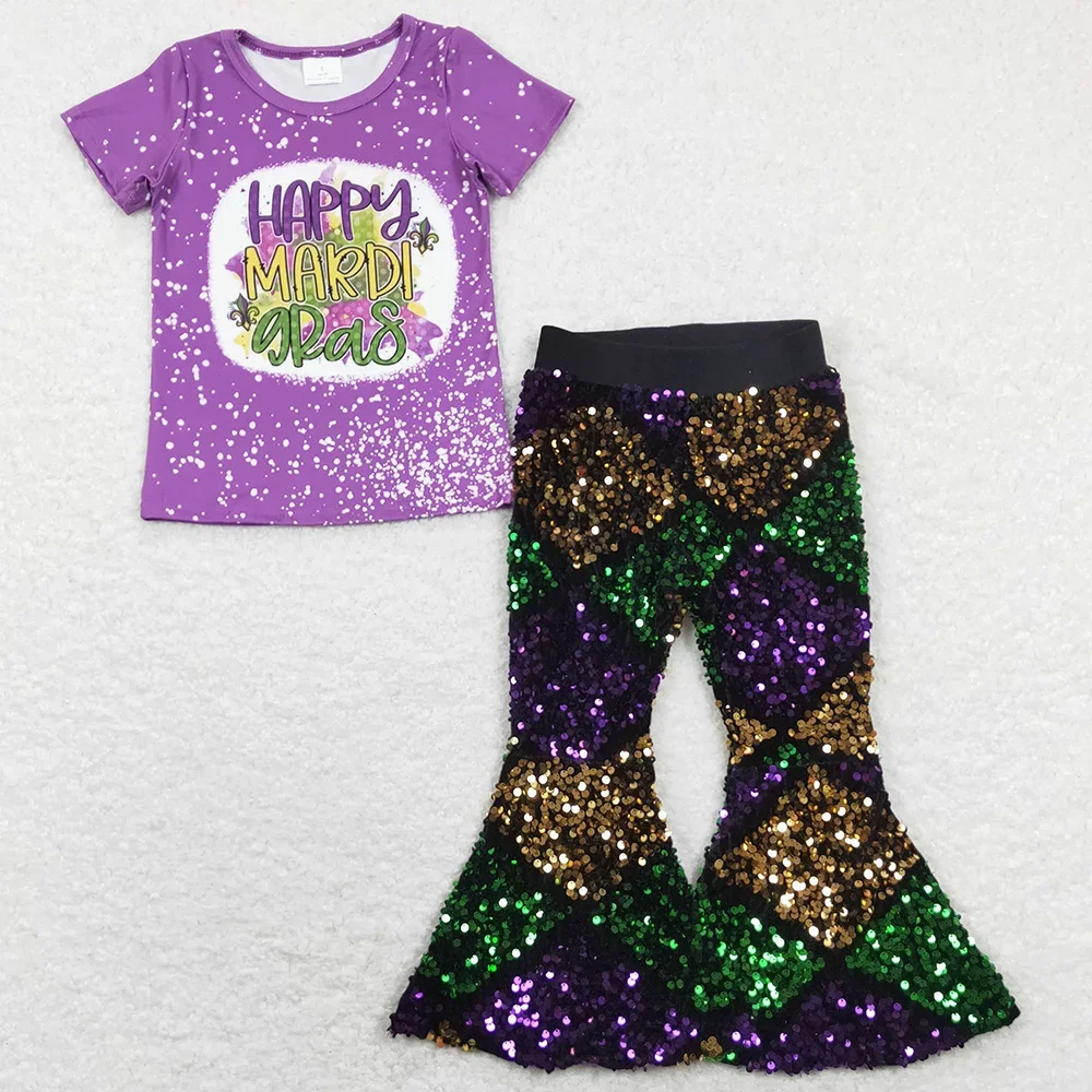 

Wholesale Toddler Children Short Sleeves Shirt Kids Sequins Plaid Bell Stripes Pants Set Baby Girl Mardi Gras Purple Outfit Sets