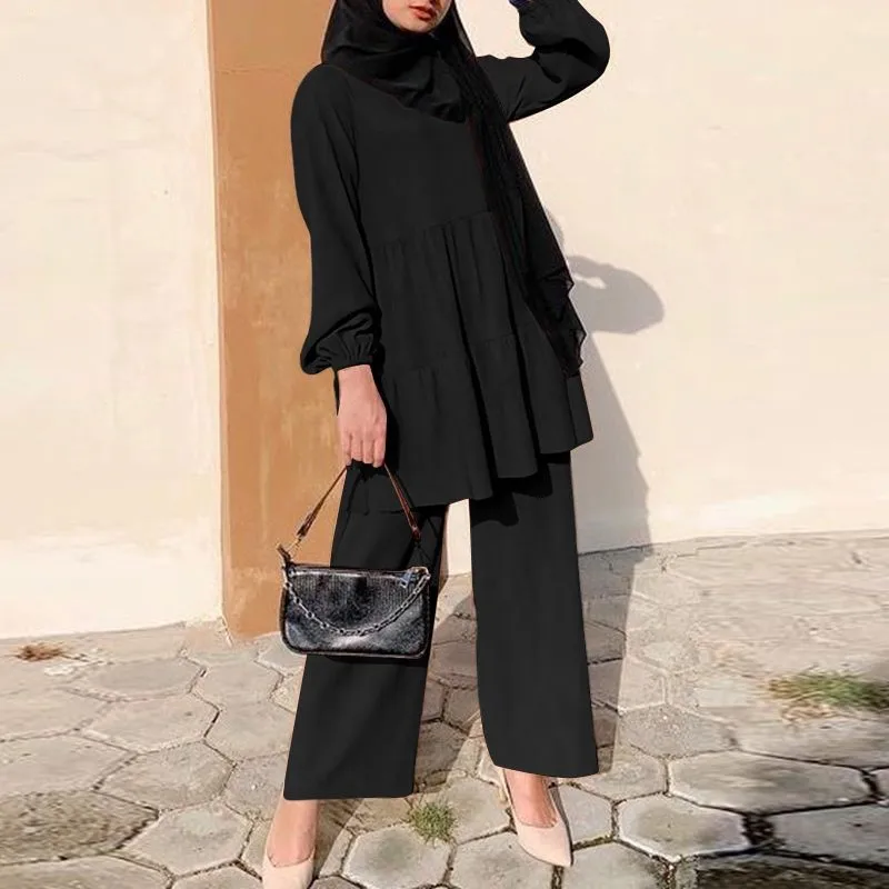 Ensembles Muslim Two Piece Set Women Blouse Wide Leg Pants Suit Ramadan Eid Morocco Dubai Islam Arabic Modest Saudi Outfits