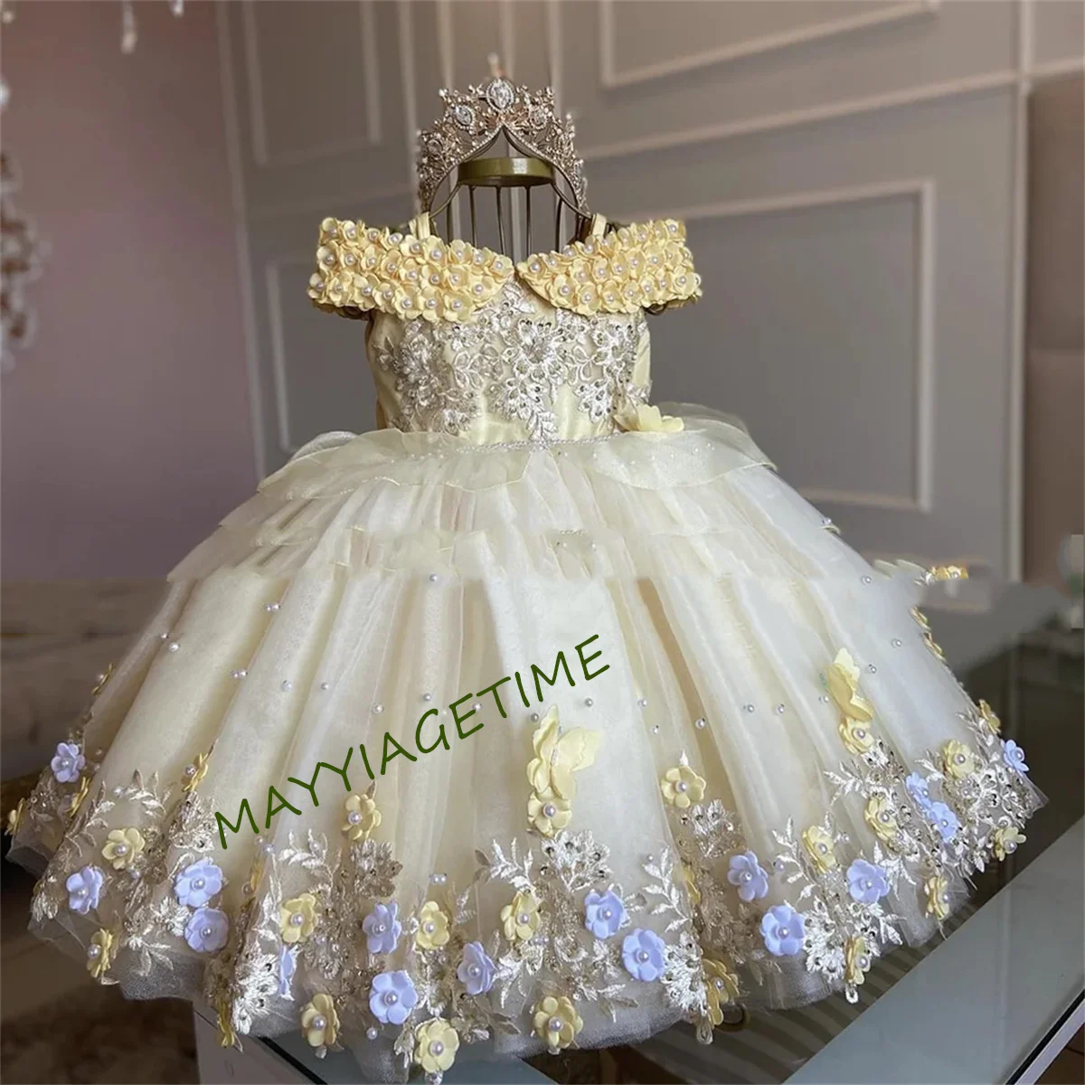 CustGirl Communion Wedding For Girl Flower Girl Dresses 2023 Applique Party Dresses Girl Ball Gown Age 2-16 years Sheer Neck Lac