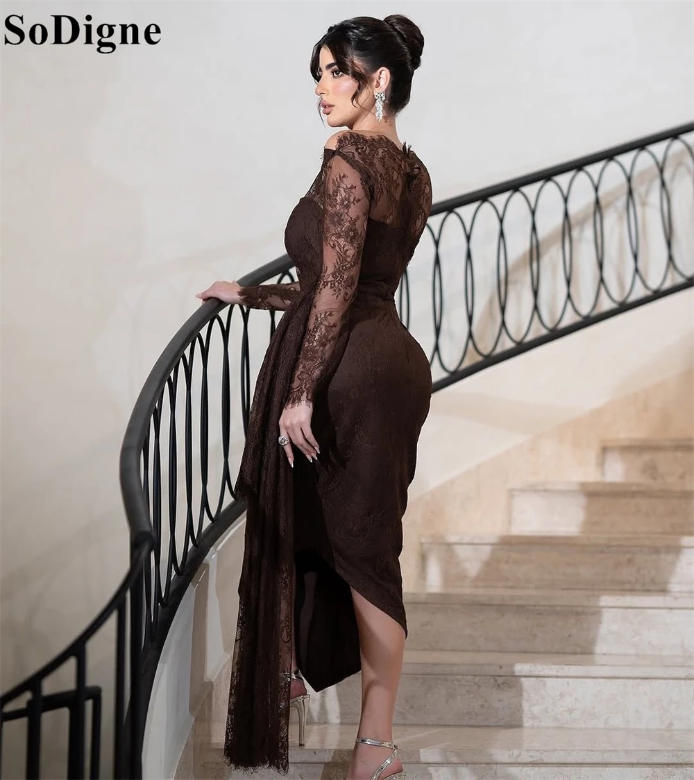 SoDigne Elegant Brown Lace Evening Dresses Mermaid Off Shoulder Draped Long Sleeves Party Dress Saudi Arabia Prom Gown Customize