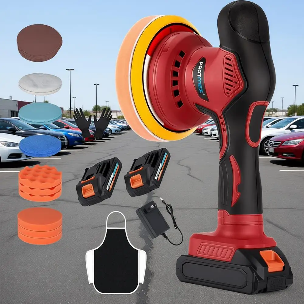 

Полировальная машинка для авто с 2 аккумуляторами 21В 2000мАч, 6-дюймовый набор для вощения, полировальный комплект с дополнительными 18 насадками и 6 регулируемыми скоростями, полировка авто