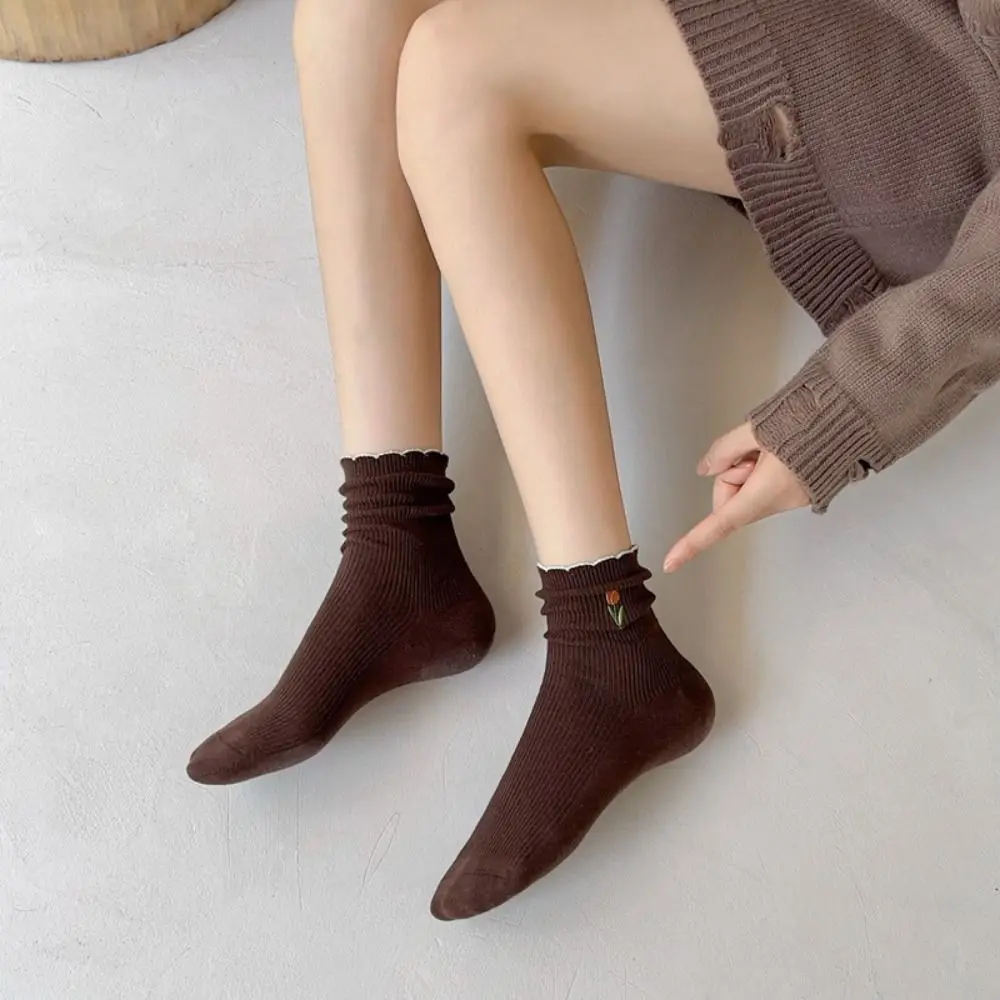 

5 пар женских носков с цветочной вышивкой-тюльпаном и цветочной вышивкой, длинные носки в стиле ретро с рюшами, однотонные винтажные носки для экипажа, осень-зима