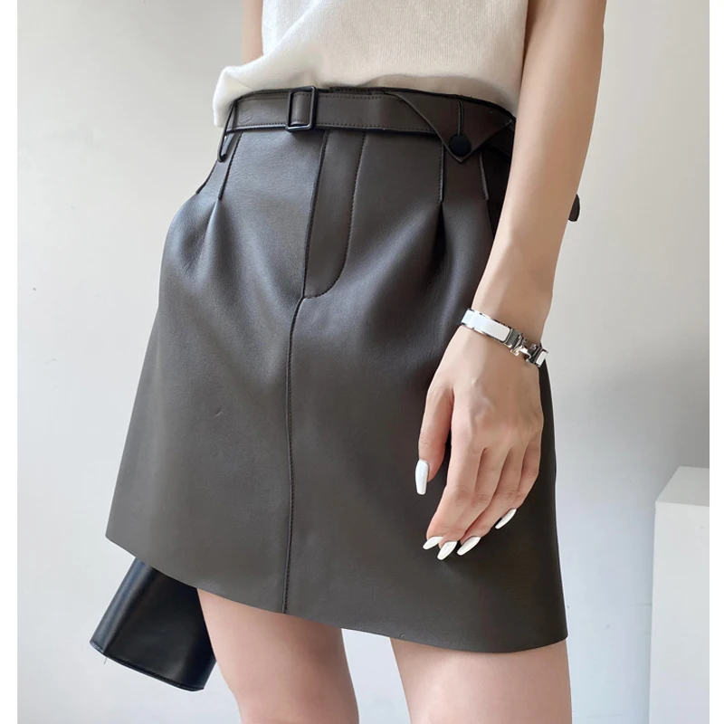 Genuine Leather Sexy Mini Skirt Women 2022 Spring South Korean Fashion High Waist Buttons Retro A-line Skirt belt