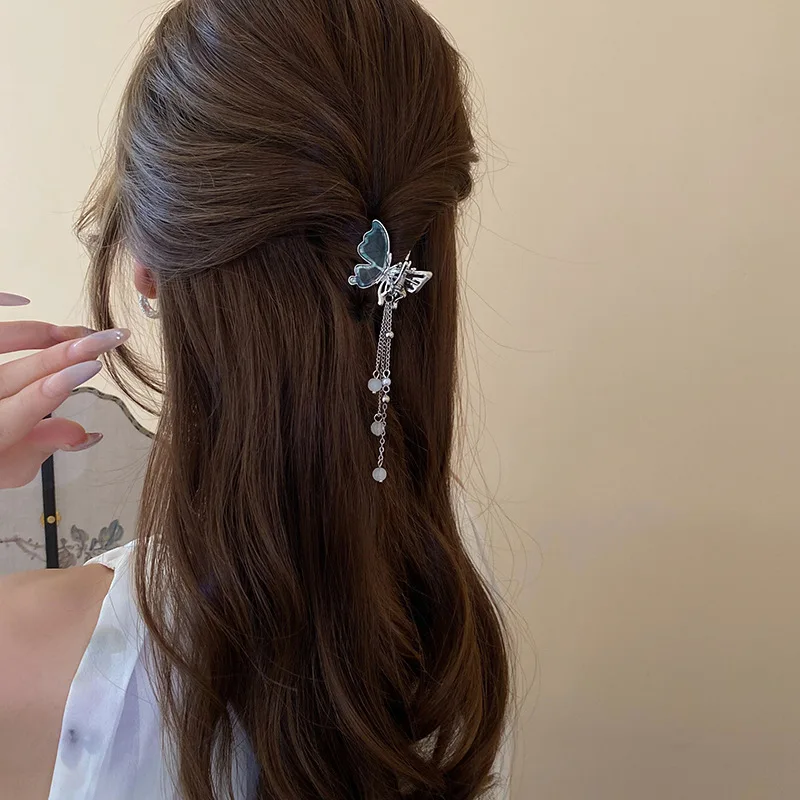 1/2 pçs novo azul-prata emenda borboleta imitação pérola franja pequeno caranguejo grampos de cabelo para mulheres estilo princesa bang tubarão clipe