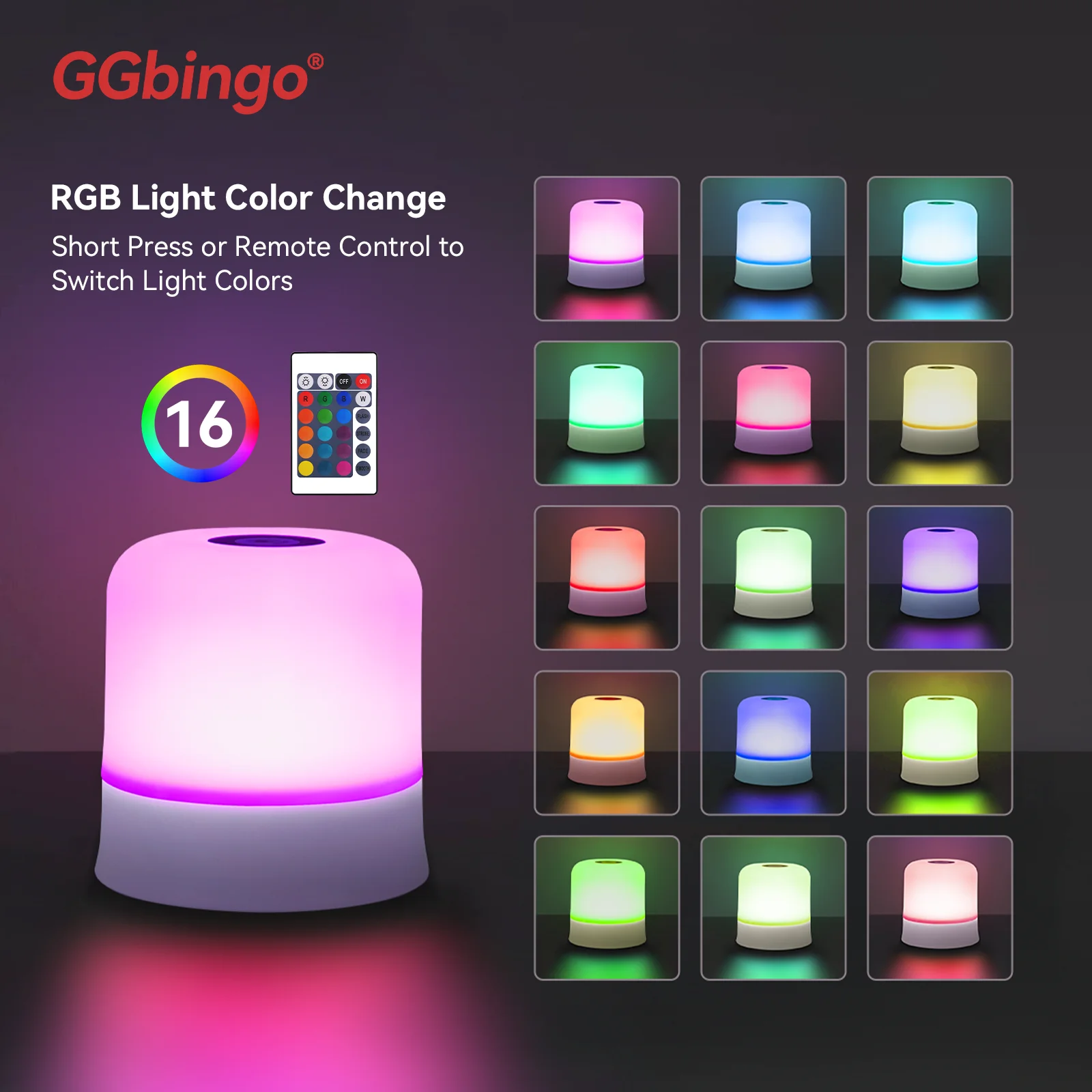 GGbingo Touch Night Light قابل لإعادة الشحن وجهاز التحكم عن بعد ضوء الليل RGB عكس الضوء الجدول مصباح الضوء المحيط لغرفة النوم وغرفة المعيشة