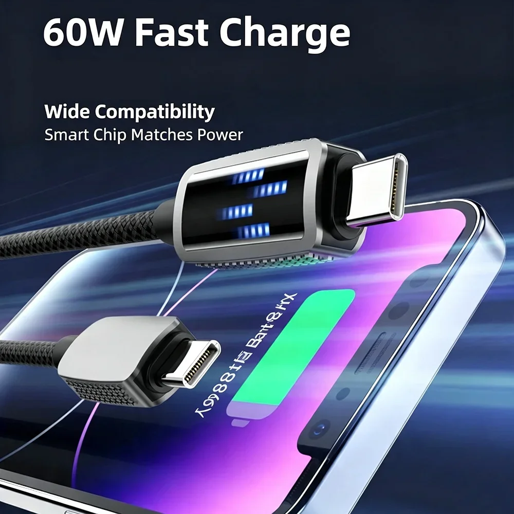 HANNUO Type C to Type C Cable 60W LED Display Super Fast Charging High-Speed Data Sync For Samsung Xiaomi Huawei iPhone 17 16
