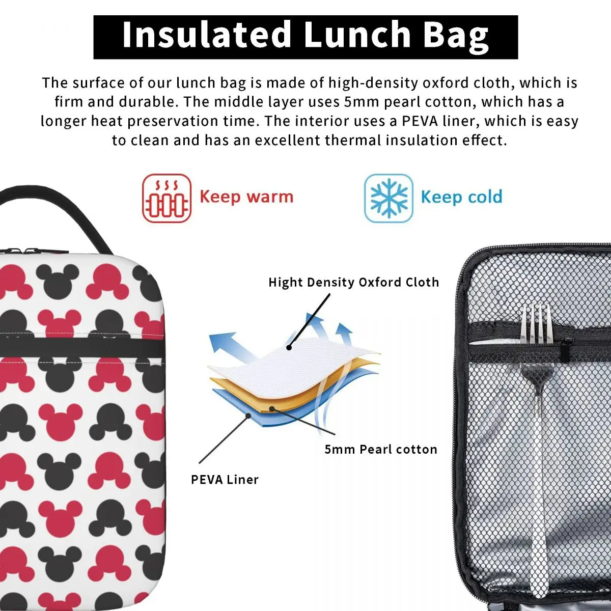 TureMouse-Sac à lunch isotherme noir, portable, dessin animé, contenant de repas anime, sac thermique, fourre-tout, boîte à lunch, travail, voyage, hommes, femmes