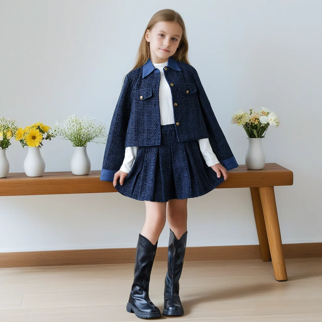

Girls Outfit Autumn Stylish Elegant Plaid Blazer Pleated Two-Piece Kids Birthday Princess Set 8-14 Years Teen Girl Party Costume