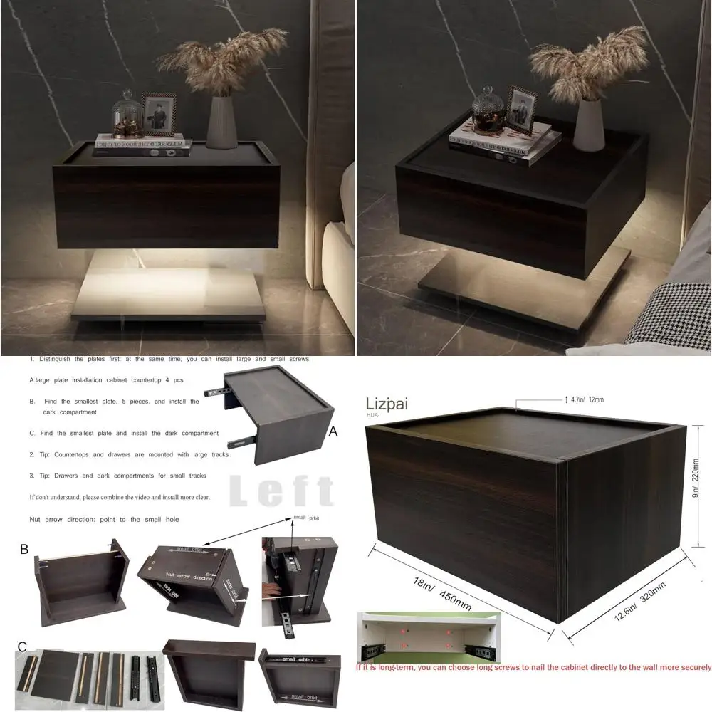 Wall-Mounted Floating Nightstand with Drawer - Concealed Night Table in Black for Large Rooms