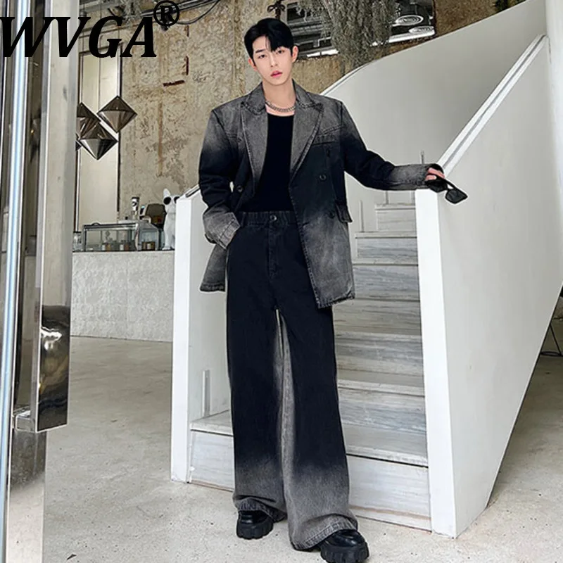 WVGA Spring Autumn New Men Tide Niche Design Gradient Washed Denim Blazer Chic Casual Wide-Leg Suit Pants Two Pieces Sets W17006