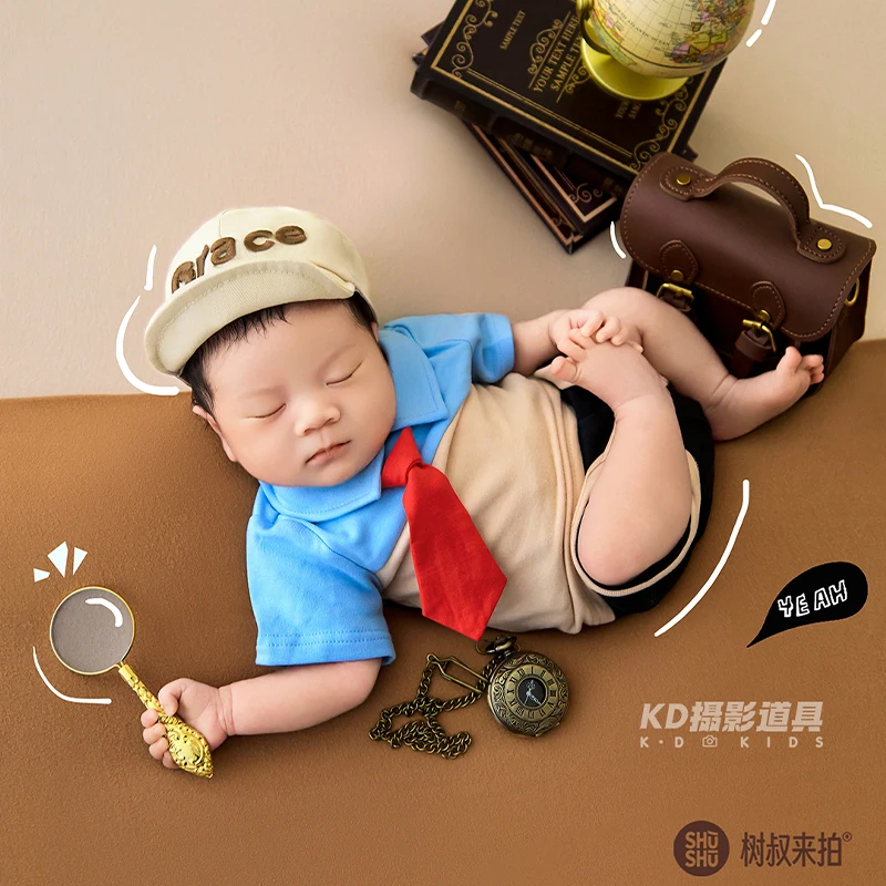 Vintage School Theme Newborn Photography Prop Baby Boy Romper Set with Cap Tie, Globe Backpack Props Infant Photo Shoot Outfit