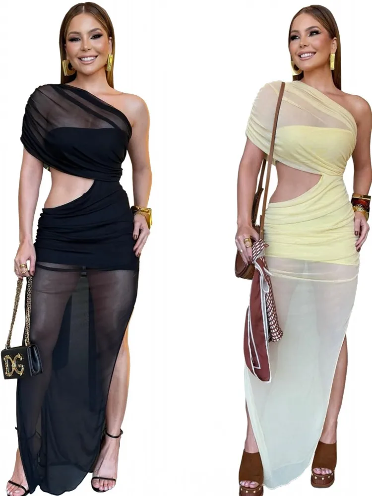 فستان طويل بكتف واحد للنساء صيفي بأكمام قصيرة بدون ظهر وحاشية شبكية منتصف الليل فساتين ماكسي ضيقة للحفلات