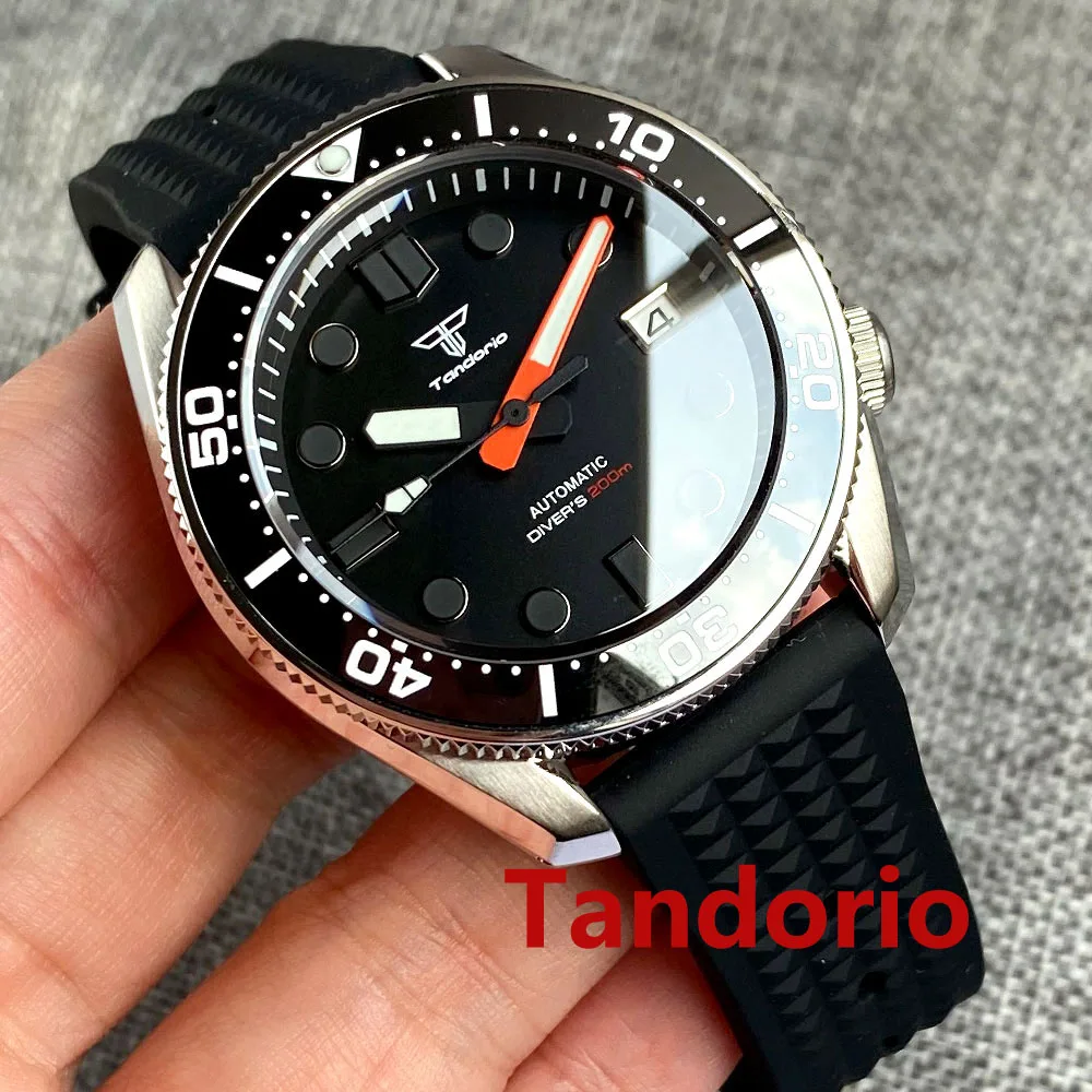 20ATM Diving Tandorio 42.5mm NH35A Automatic Men Watch Sapphire Glass Luminous Rubber Strap Date 3.8 o\'clock Crown Black Dial