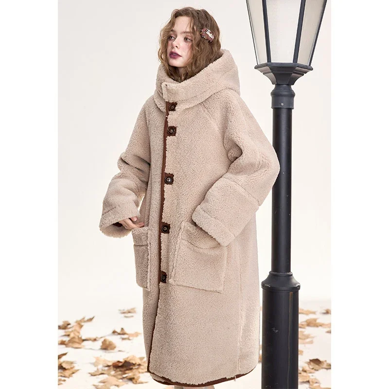 ELFSACK Elegant Casual Preppy Solid Stand Collar Plush Cuff Long Coat For Women