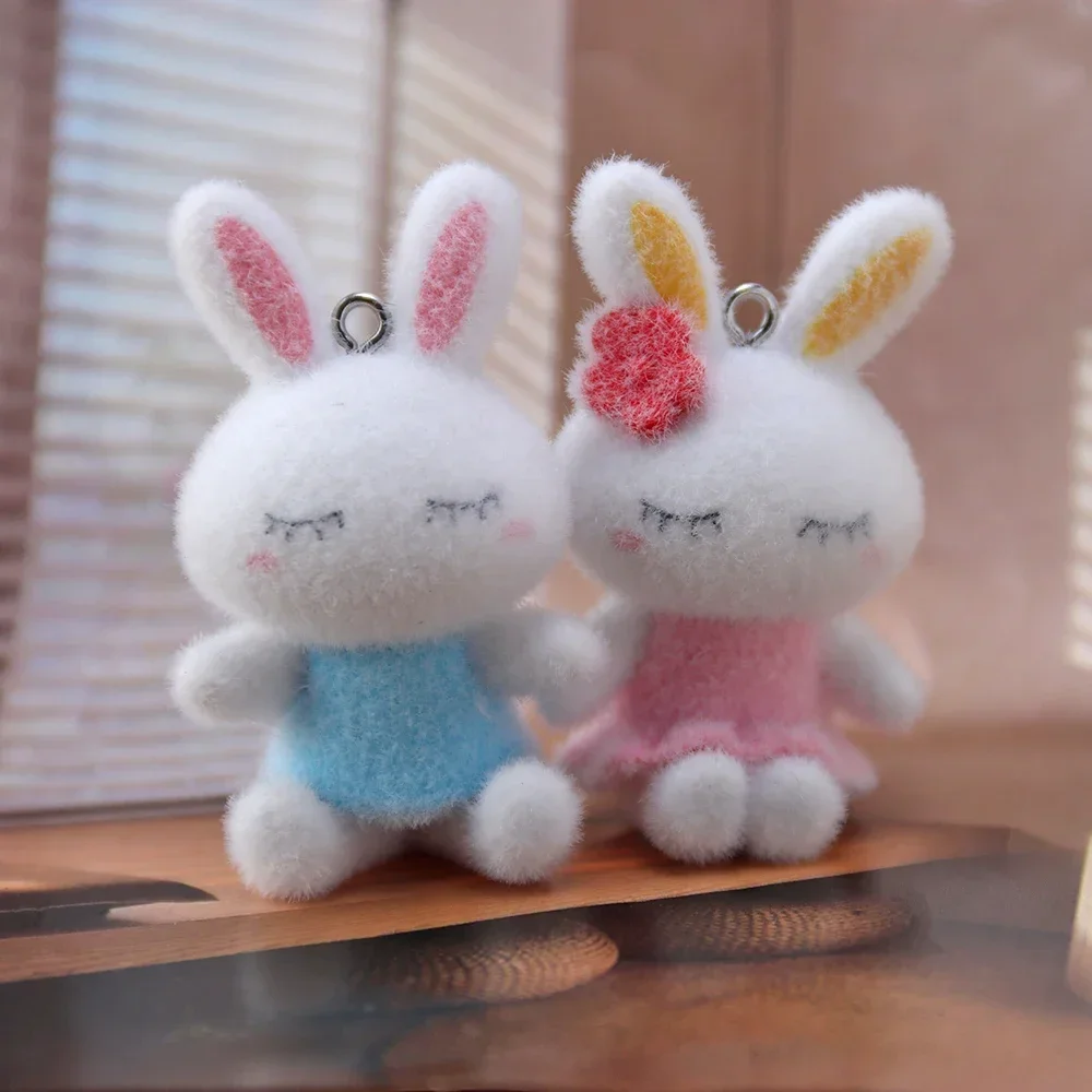10Pcs 3D Cartoon Flocking Resin Rabbit Charms Plush Animal Pendant For Phone Bag Keychain Earring DIY Crafts Jewelry Make