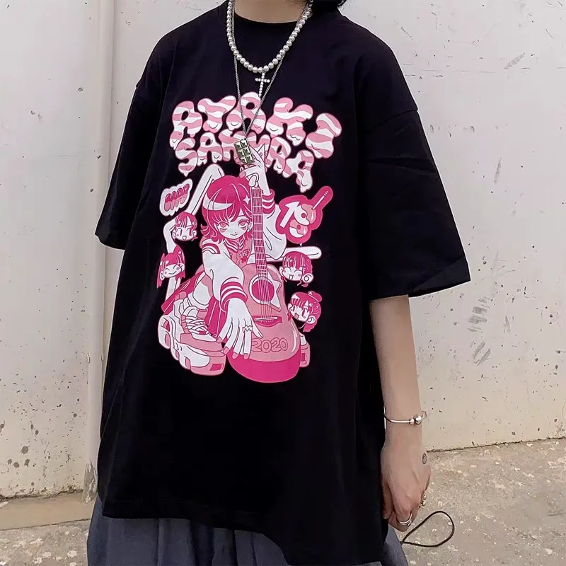 Y2k E-Girl Cartoon Anime Print Round Neck Loose Casual T-Shirt Women Summer Personalized Cool Short Sleeve Tee Casual Sport Tops