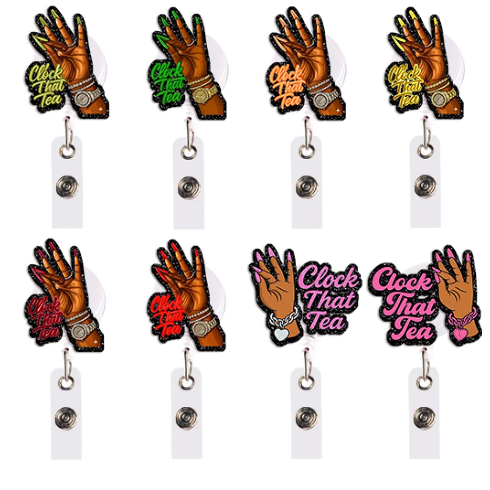 Clock That Tea Gesture Color Glitter Acrylic Reel Clip Badge Reel Retractable Badge Holder Reel Clip-On Name Badge Tag ID Card