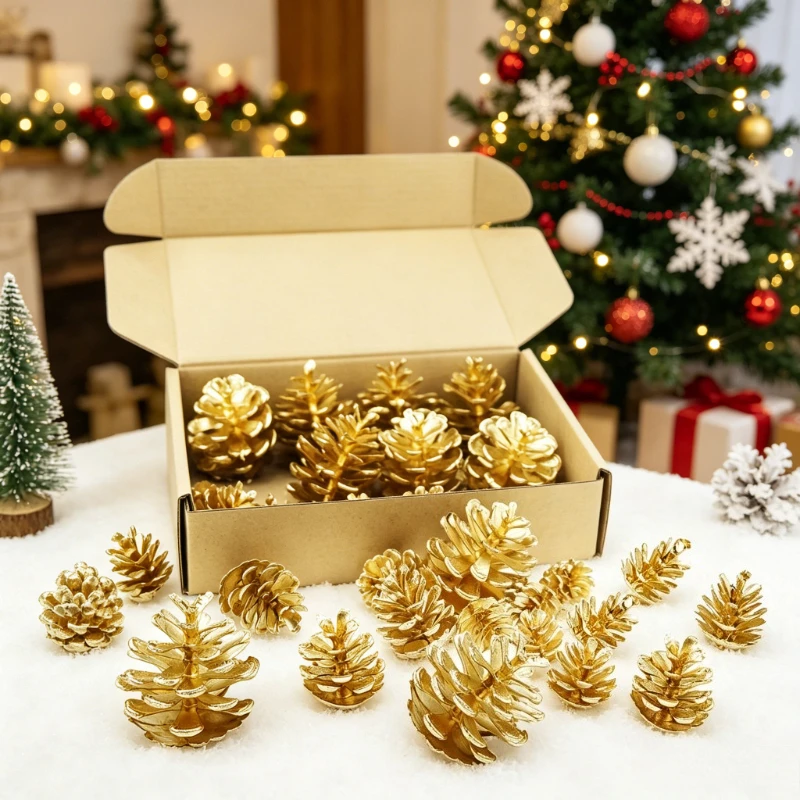 15 Stück künstliche goldene Tannenzapfen-Dekorationen für Weihnachtsbaum, Hochzeit, Party, DIY-Bastelarbeiten, Ornamente, Heimgirlande, Kranz-Dekoration