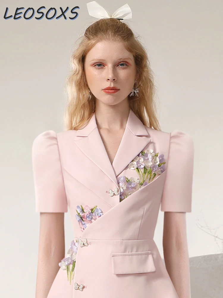 

Designer Temperament Commute Suit Dress Women 2024 Summer New Sweet Three-Dimensional Flowers Irregular Gentle Pink Suit Dress