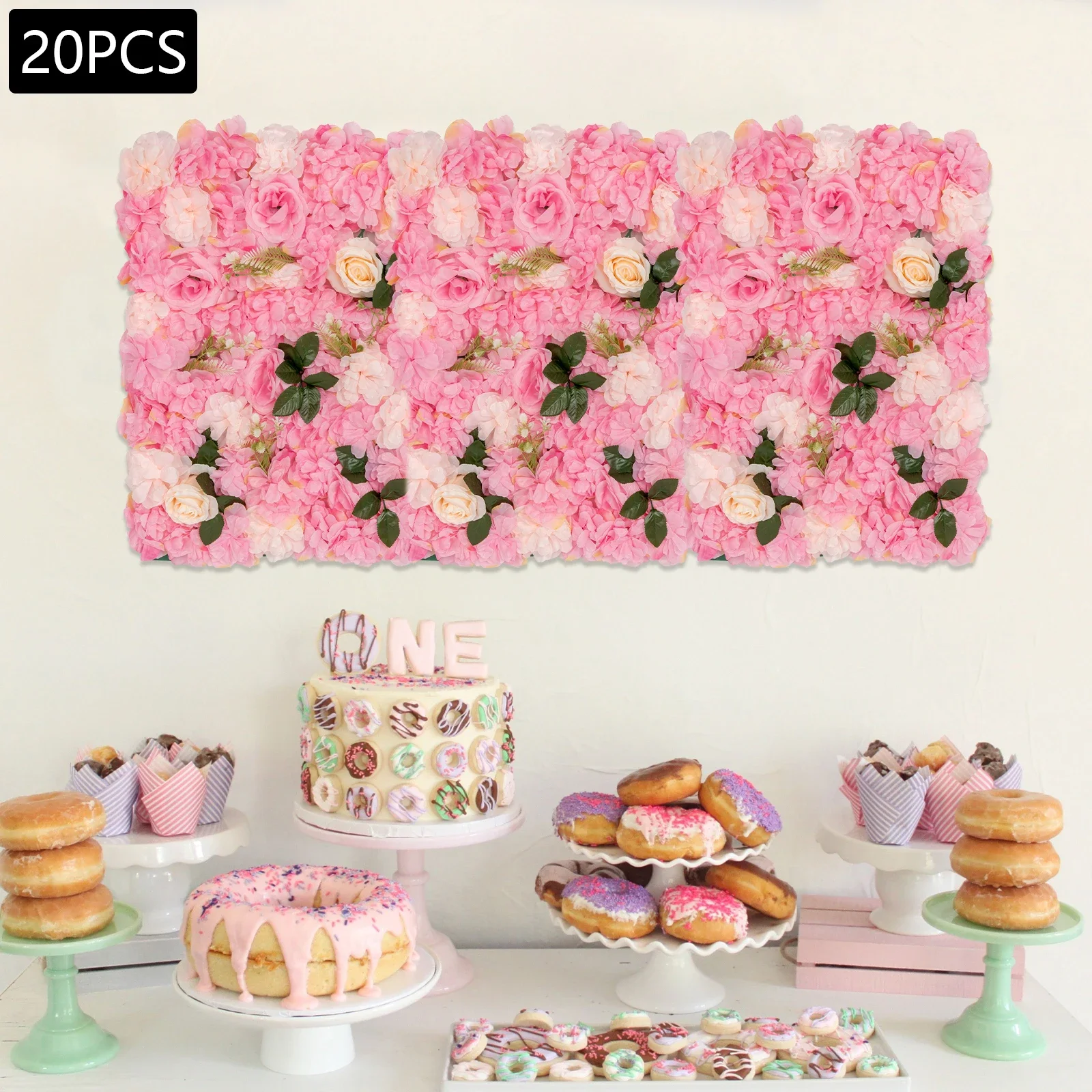 

Beautiful Dark Pink Artificial Flower Wall Panels, Handmade Silk Fabric with Green Leaves, Perfect for Wedding and Event