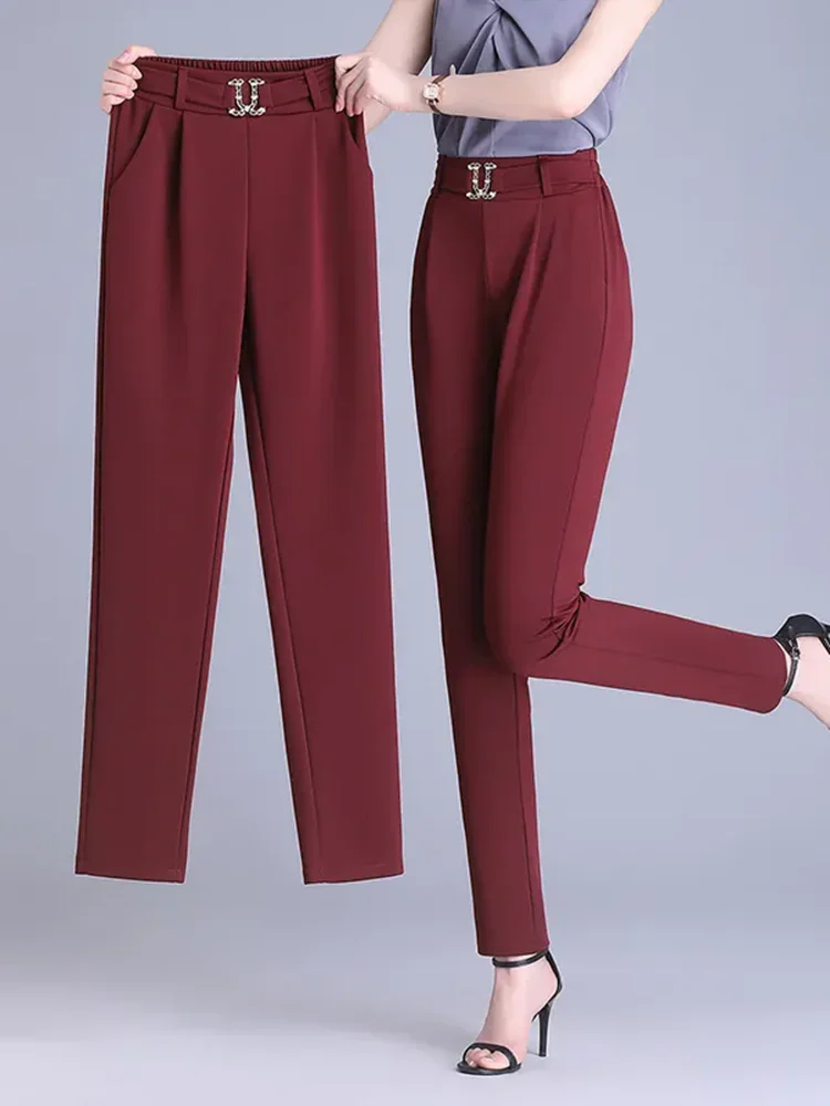الإناث الرسمية سليم البدلة السراويل النساء مكتب مرونة عالية الخصر الحريم Pantalones ربيع الخريف Ol الكلاسيكية الصلبة كبيرة الحجم Calca XQ63