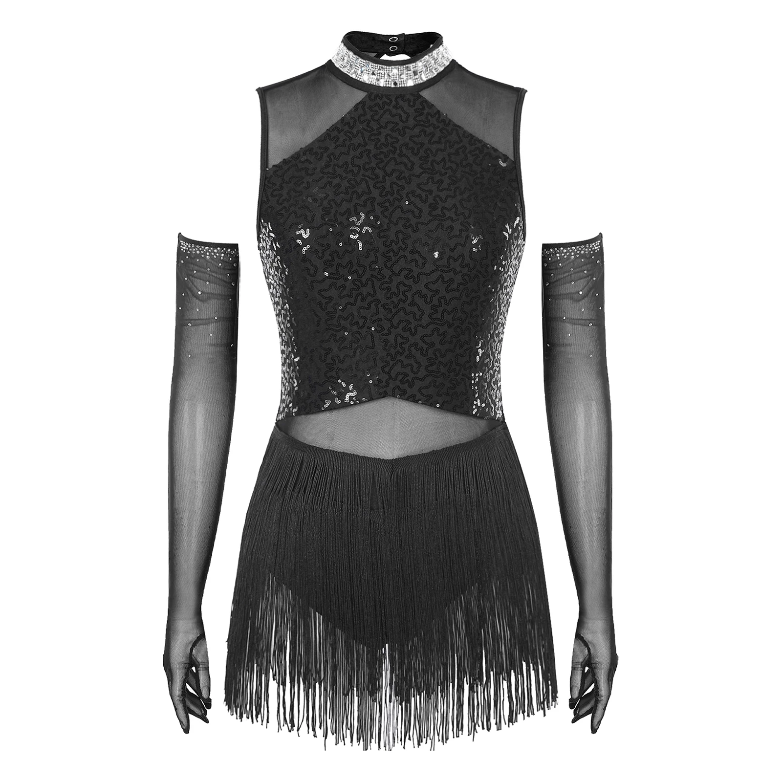Womens Latin Tango Dance Outfit Glittery Sequin Mesh Splice Fringe Dance Leotard Dress with Gloves Rumba Cha-Cha Samba Dresses