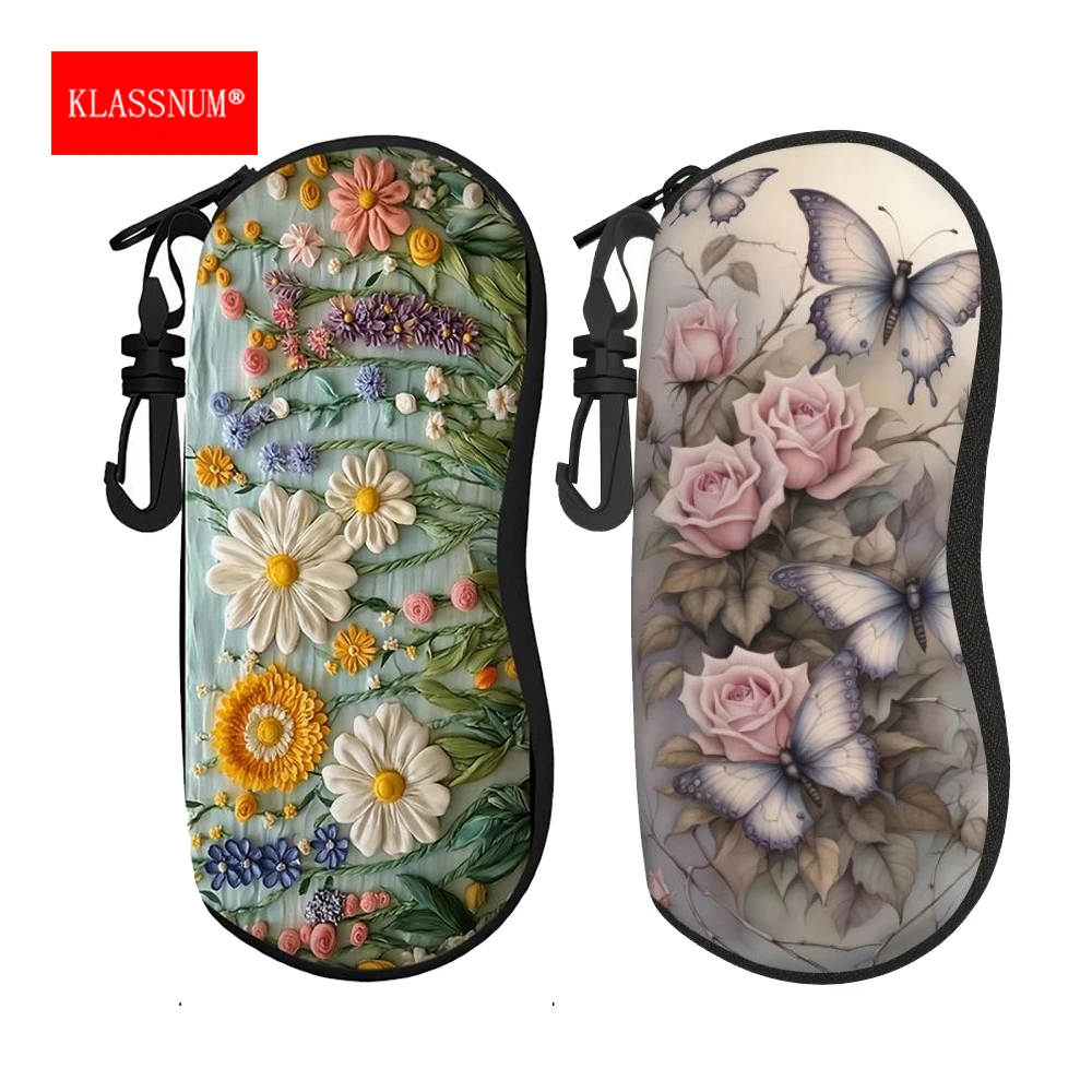 KLASSNUM Women Glasses Pouch with Keyring Butterfly Rose Daisy Printed Glasses Case Nylon Sunglasses Storage Bag Eyewear Cover