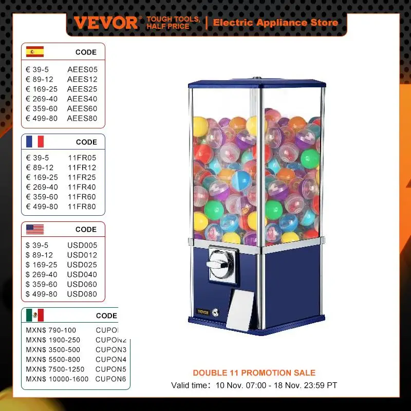 VEVOR 25 인치 캔디 검볼 머신, 거대한 적재 용량 검볼 뱅크, 25 센트 동전 캔디 자판기