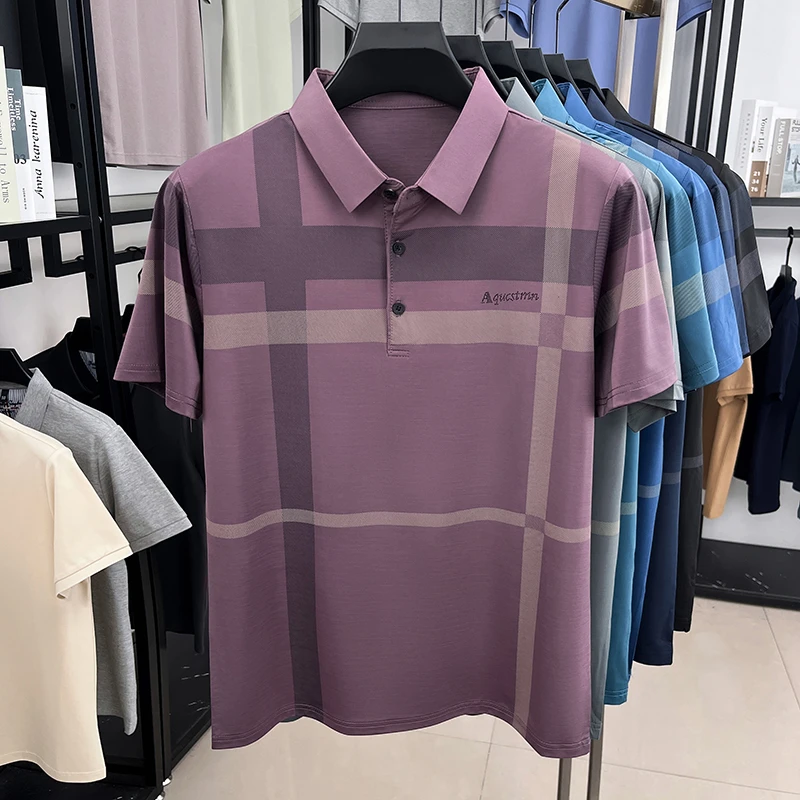 Herrenmode Geometrisch bedrucktes Polohemd aus weichem, atmungsaktivem Stoff mit Brustlogo, Kurzarm, für Business. – Detail 11