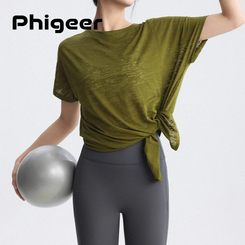 PHIGEER Women Yoga Pilates Wrap Top, Basic Sports Athletic Running Gym Workout Cover up Shirt Blouse, Casual Street Travel Tee