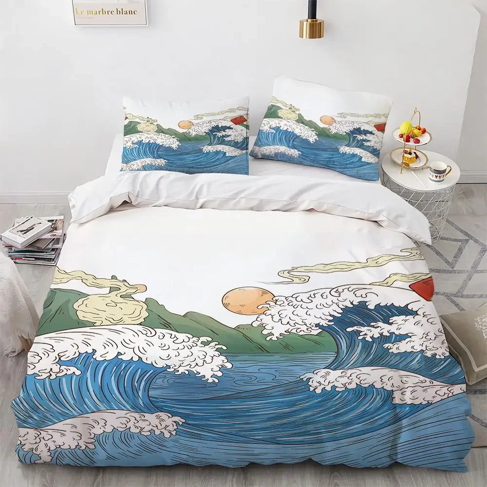 Wave Duvet Cover Set Hokusai Pattern Japanese Ukiyoe Quilt Cover Oriental Sketch Style Ocean Queen Twin Polyester Bedding Set