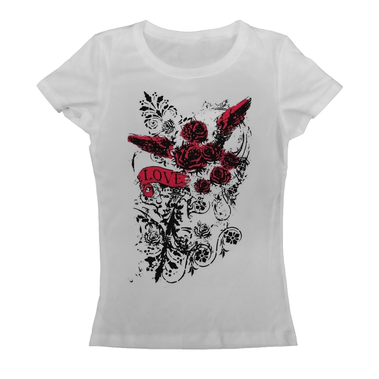 Women Long Sleeve Tee Vintage Red Rose Angel Wings Love Print Aesthetic Gothic Grunge Crew Neck Slim Fit Streetwear Tops