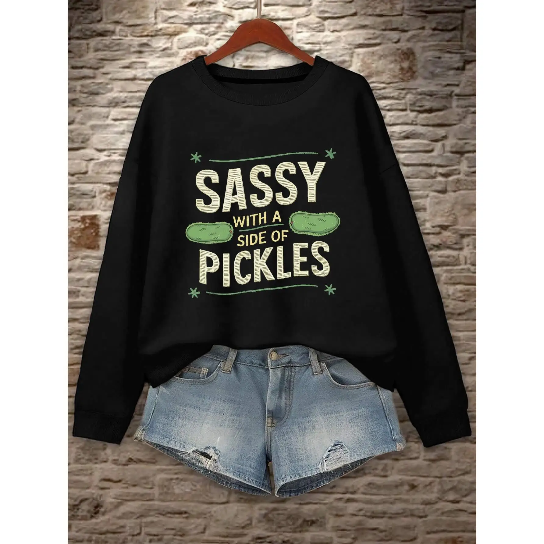 

Funny Slogan "Sassy With A Side Of Pickles" Sweatshirt Women's Casual Crewneck Pullover for Humorous Gifts