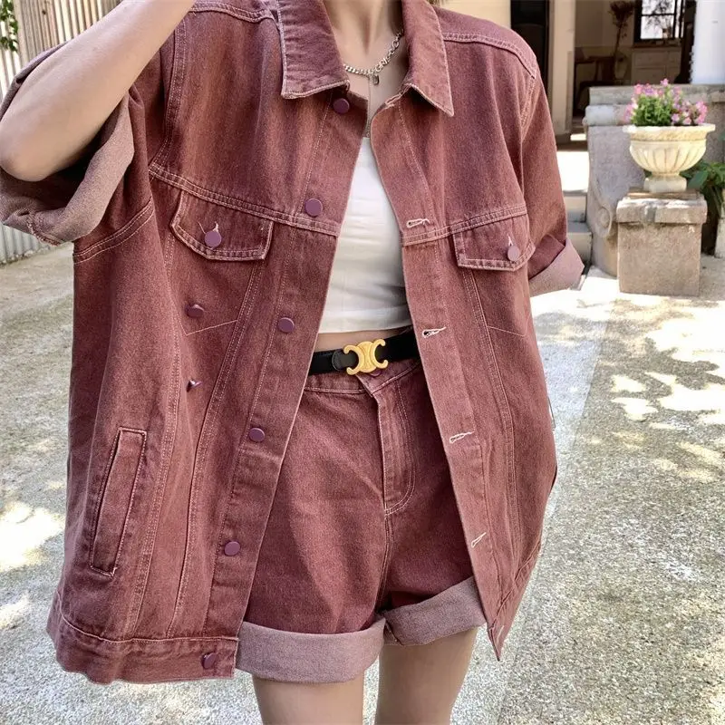 Vintage Fashion Suit Women\'s Summer New Sense of Advanced Short-sleeved Denim Jacket Temperament Wide-leg Shorts Two-piece Set