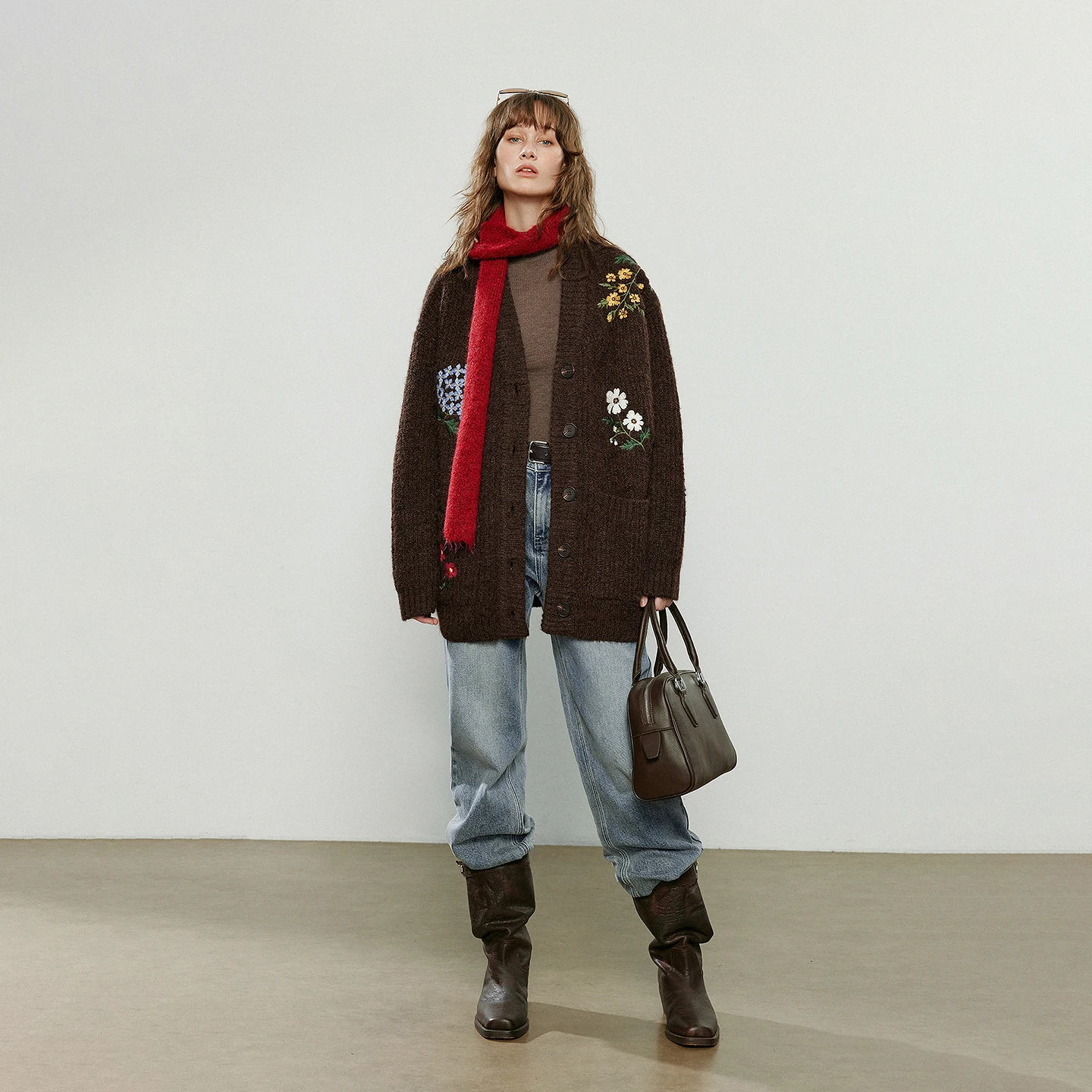 معطف كارديجان نسائي شتوي جديد فضفاض من TOYOUTH موديل 2025 برقبة على شكل حرف V مع تطريز عالي التحمل ونمط بني قديم وCanELE #5