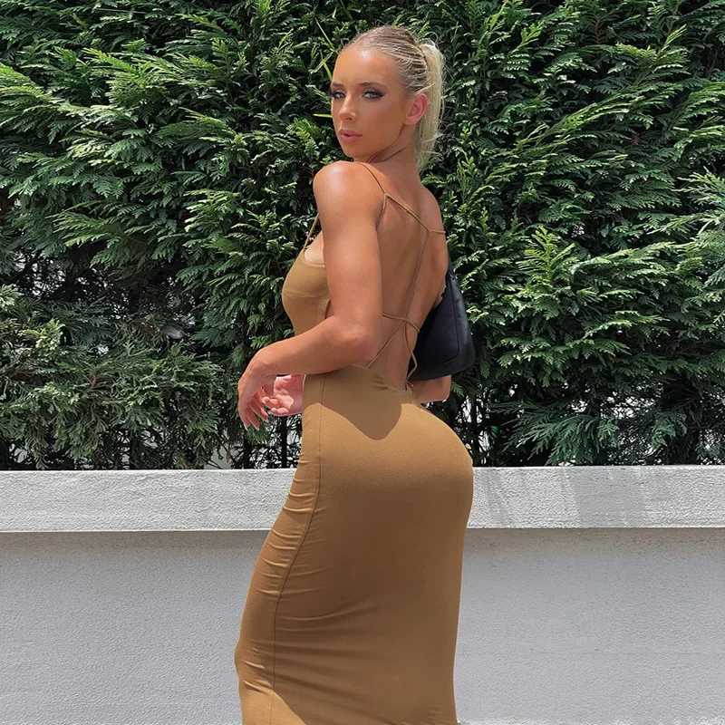 Combhasaki damskie jednokolorowe cienkie paski Spaghetti Backless okrągłe wycięcie Slim Fit pończoch do klubu na imprezę Bodycon długa sukienka